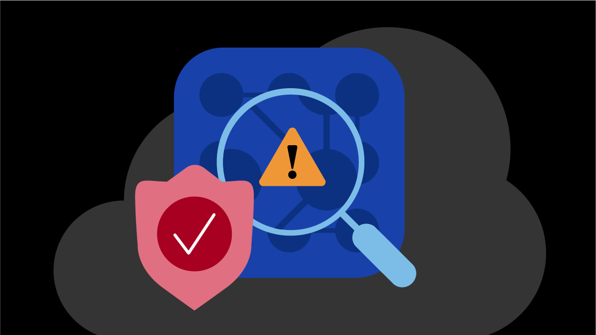 cloud with shield and checkmark and alert triangle in magnifying glass